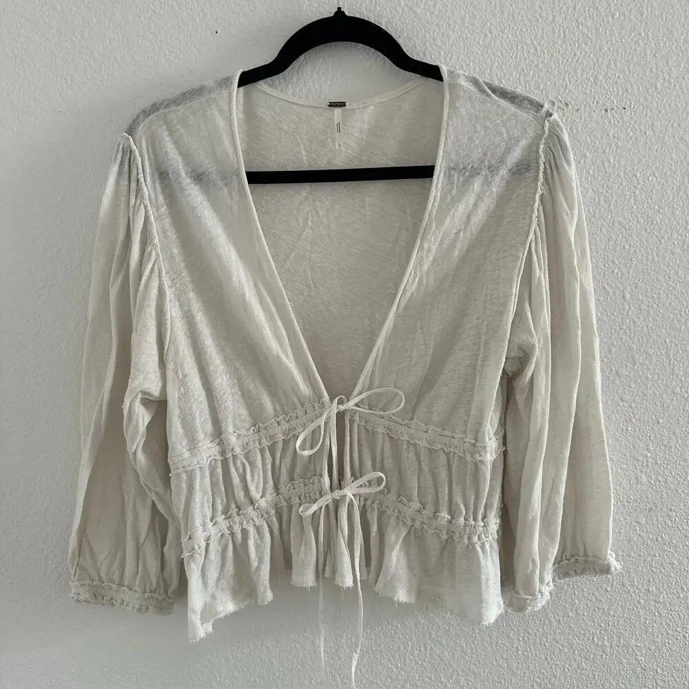 Free People Let's Go Linen Blend Tie Front Jersey Blouse in Ivory Size Large